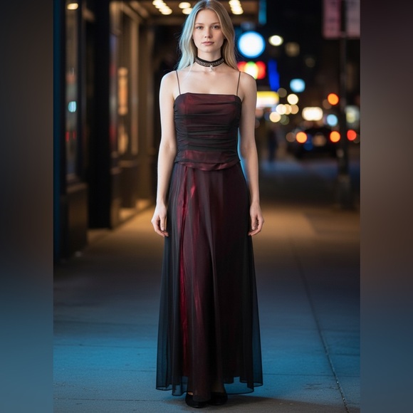 Cache Dresses & Skirts - Vintage Cache Red & Black Sheer Overlay Slip Dress XS 90s Minimal Satin Maxi✨❤️